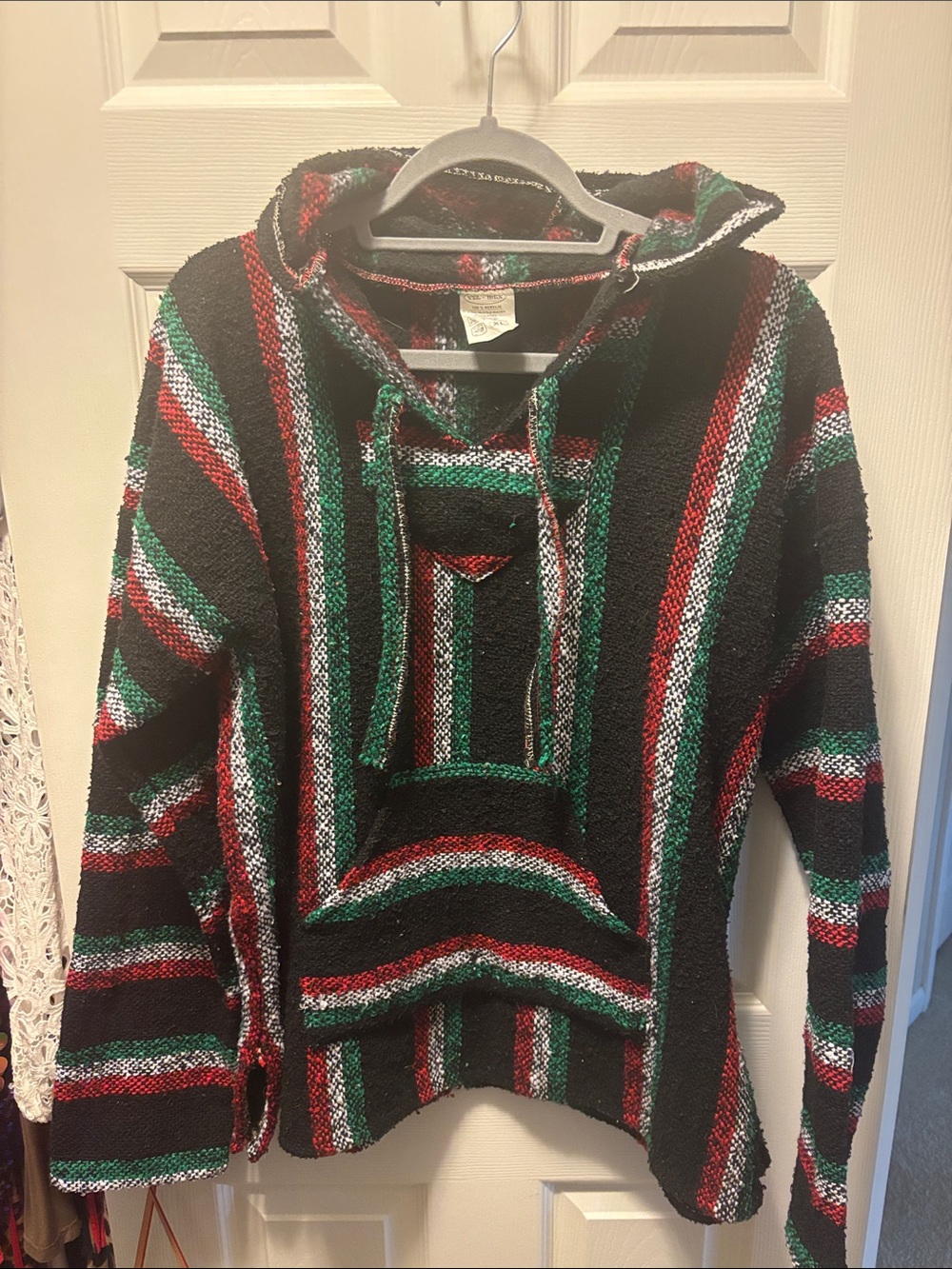 Striped Crewneck Baja Pullover Sweater in Black, Red & Green